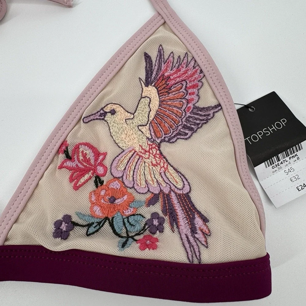 Topshop Embroidered Floral Bikini Top Size 4‎ Pink Halter Swimwear Y2K FairyCore